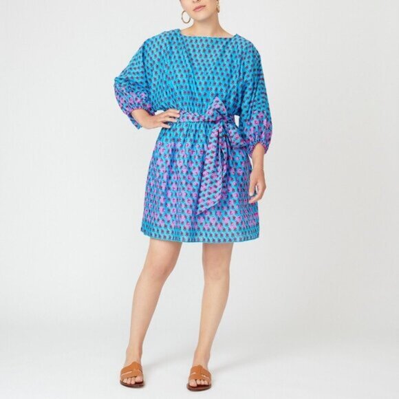 EUC J. Crew Blue and Pink Patterned Dress sz XXL missing Belt - Picture 1 of 11